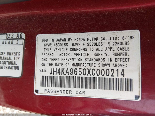 Aukcja sprzedaży 1999 Acura Rl 3.5, vin: JH4KA9650XC000214, numer aukcji: 45882028