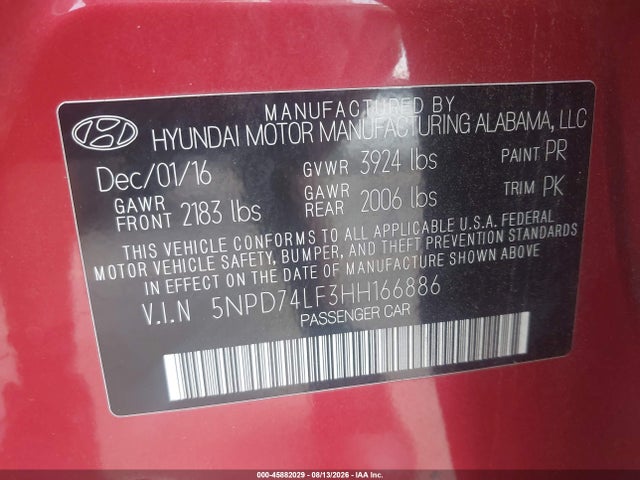 Продаж на аукціоні авто 2017 Hyundai Elantra Se, vin: 5NPD74LF3HH166886, номер лоту: 45882029
