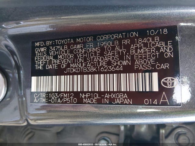 45882033 :رقم المزاد ، JTDKDTB38K1623644 vin ، 2019 Toyota Prius C Le مزاد بيع