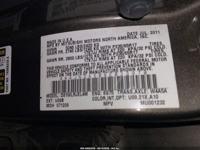 Aukcja sprzedaży 2011 Mitsubishi Endeavor, vin: 4A4JN2AS0BE033970, numer aukcji: 45882035