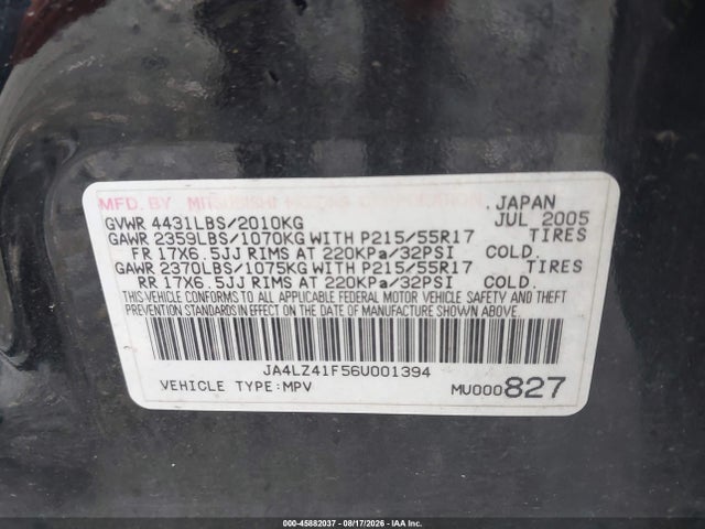 Aukcja sprzedaży 2006 Mitsubishi Outlander Se, vin: JA4LZ41F56U001394, numer aukcji: 45882037