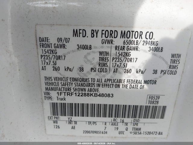 Продаж на аукціоні авто 2008 Ford F150, vin: 1FTRF12288KB48083, номер лоту: 45882039