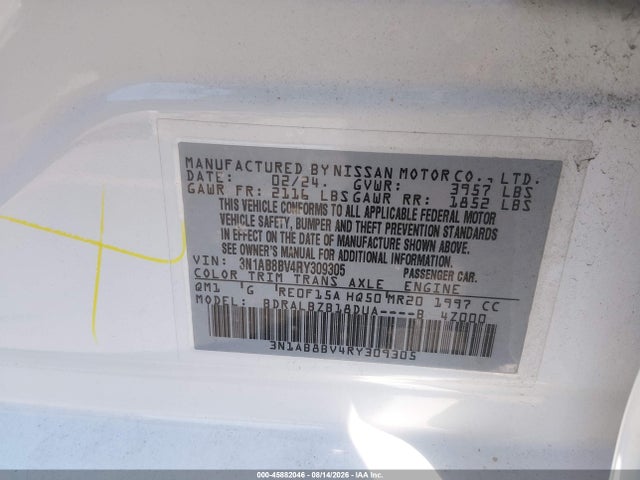 2024 Nissan Sentra S Xtronic Cvt მანქანა იყიდება აუქციონზე, vin: 3N1AB8BV4RY309305, აუქციონის ნომერი: 45882046