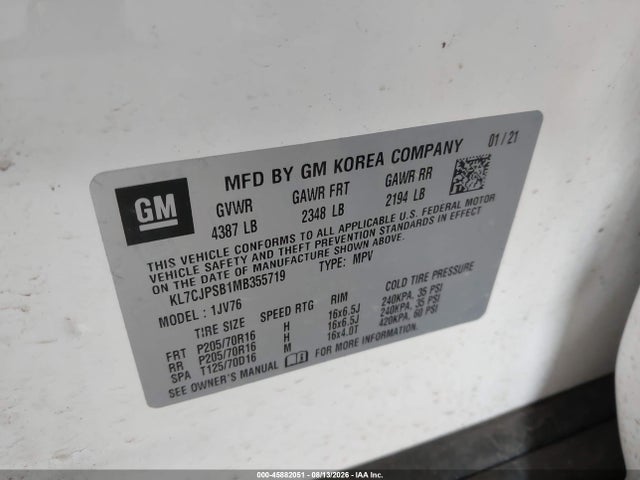2021 Chevrolet Trax Awd Lt მანქანა იყიდება აუქციონზე, vin: KL7CJPSB1MB355719, აუქციონის ნომერი: 45882051
