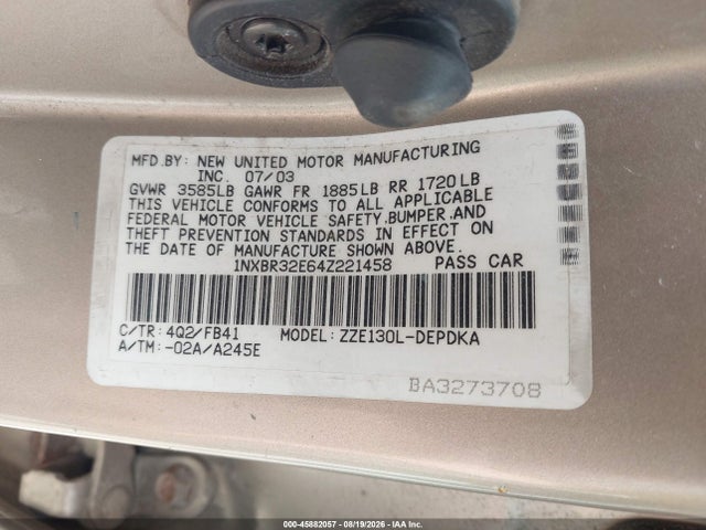 45882057 :رقم المزاد ، 1NXBR32E64Z221458 vin ، 2004 Toyota Corolla Ce مزاد بيع
