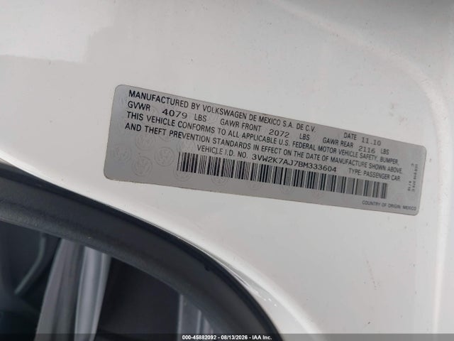 Продажа на аукционе авто 2011 Volkswagen Jetta 2.0l S, vin: 3VW2K7AJ7BM333604, номер лота: 45882092