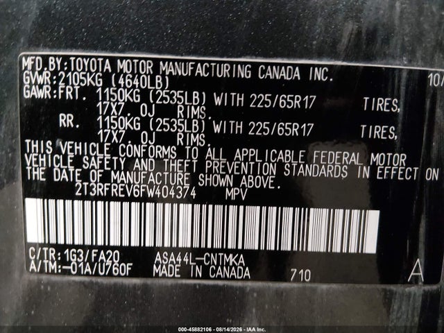 45882106 :رقم المزاد ، 2T3RFREV6FW404374 vin ، 2015 Toyota Rav4 Xle مزاد بيع