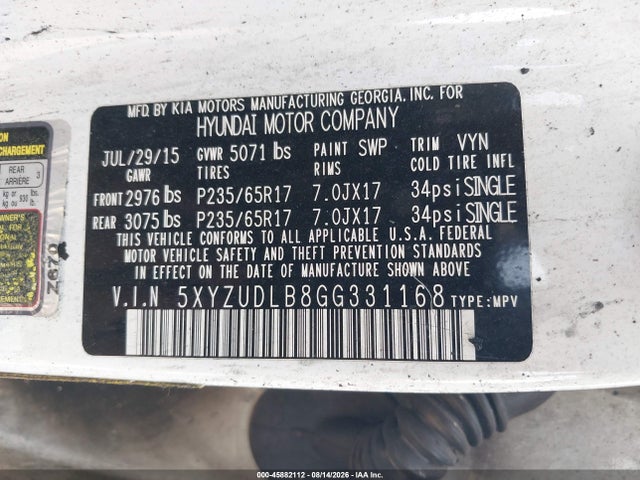 Aukcja sprzedaży 2016 Hyundai Santa Fe Sport 2.4l, vin: 5XYZUDLB8GG331168, numer aukcji: 45882112