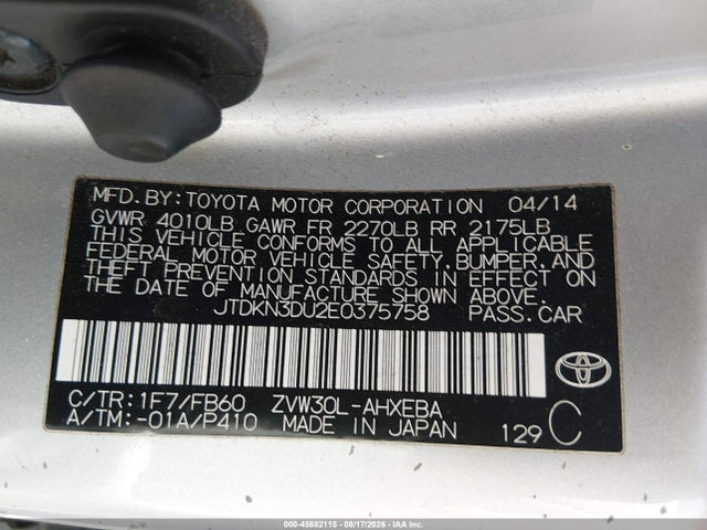 45882115 :رقم المزاد ، JTDKN3DU2E0375758 vin ، 2014 Toyota Prius Two مزاد بيع