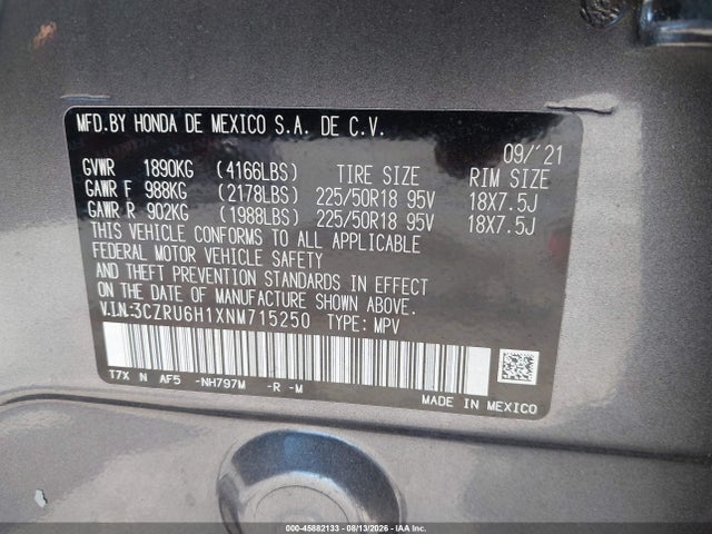 Aukcja sprzedaży 2022 Honda Hr-v Awd Sport, vin: 3CZRU6H1XNM715250, numer aukcji: 45882133