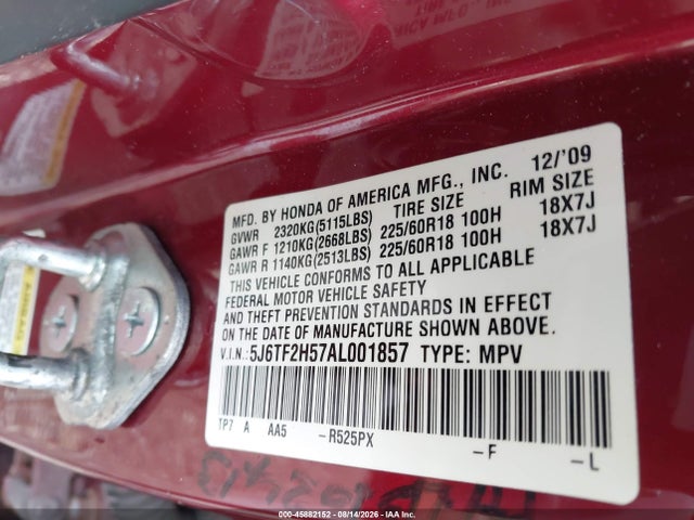 Продаж на аукціоні авто 2010 Honda Accord Crosstour Ex-l, vin: 5J6TF2H57AL001857, номер лоту: 45882152