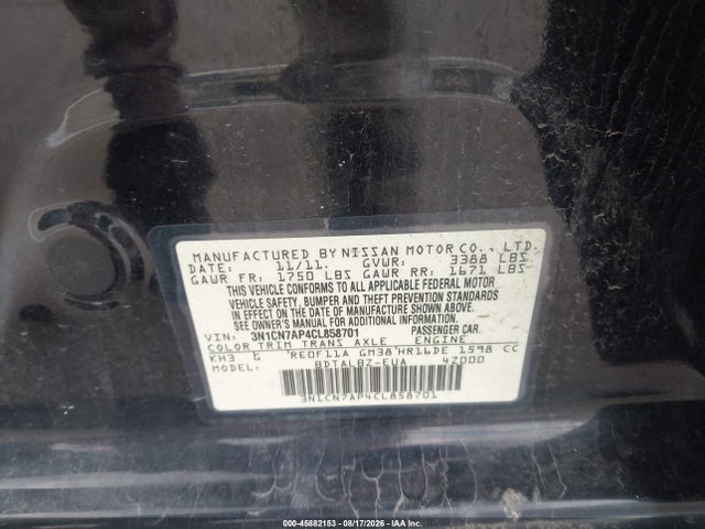 Продаж на аукціоні авто 2012 Nissan Versa 1.6 Sv, vin: 3N1CN7AP4CL858701, номер лоту: 45882153