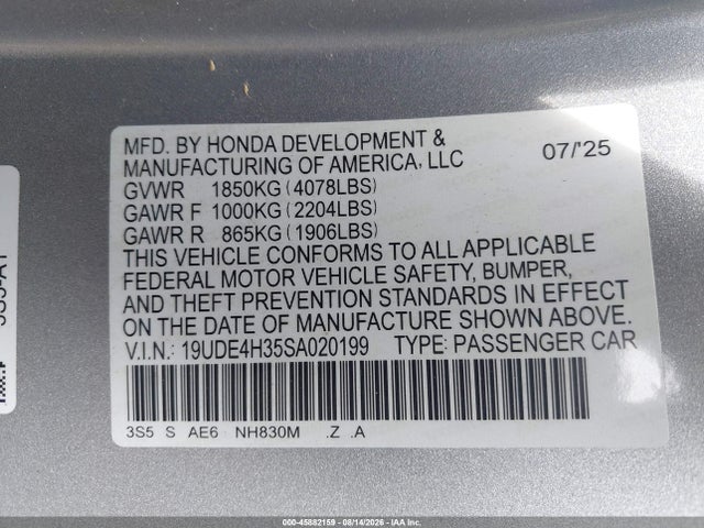 45882159 :رقم المزاد ، 19UDE4H35SA020199 vin ، 2025 Acura Integra A-spec مزاد بيع