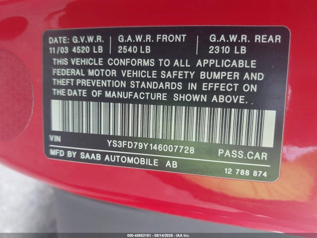 Aukcja sprzedaży 2004 Saab 9-3 Arc, vin: YS3FD79Y146007728, numer aukcji: 45882161