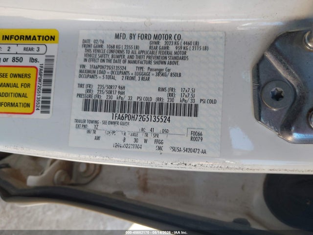 2016 Ford Fusion Se მანქანა იყიდება აუქციონზე, vin: 1FA6P0H72G5135524, აუქციონის ნომერი: 45882170