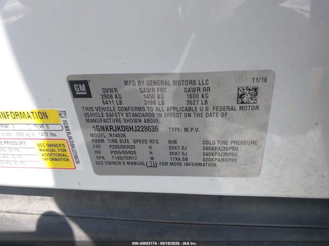 Aukcja sprzedaży 2017 Chevrolet Traverse Premier, vin: 1GNKRJKD8HJ228636, numer aukcji: 45882174