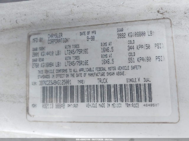 Aukcja sprzedaży 1999 Dodge Ram 2500 St, vin: 3B7KC23W9XG125001, numer aukcji: 45882186