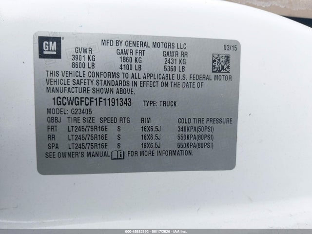 2015 Chevrolet Express 2500 Work Van მანქანა იყიდება აუქციონზე, vin: 1GCWGFCF1F1191343, აუქციონის ნომერი: 45882193