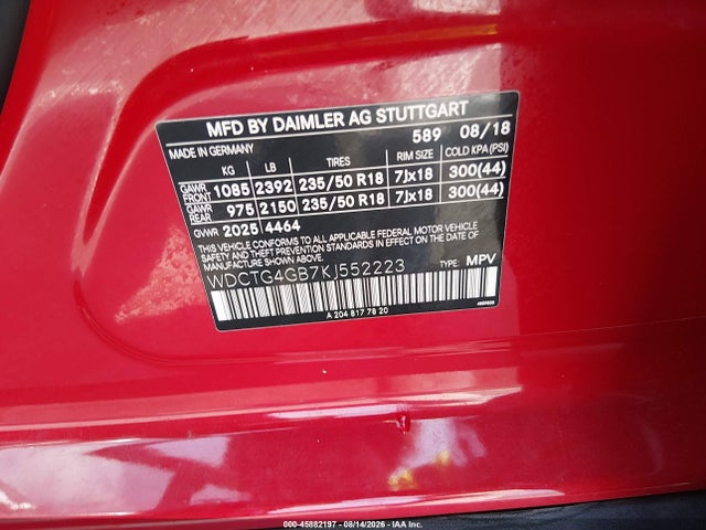 45882197 :رقم المزاد ، WDCTG4GB7KJ552223 vin ، 2019 Mercedes-benz Gla 250 4matic مزاد بيع