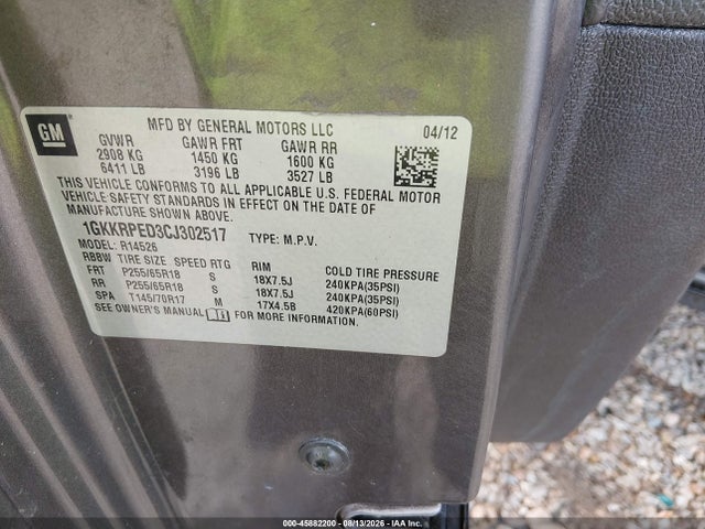 2012 Gmc Acadia Sle მანქანა იყიდება აუქციონზე, vin: 1GKKRPED3CJ302517, აუქციონის ნომერი: 45882200