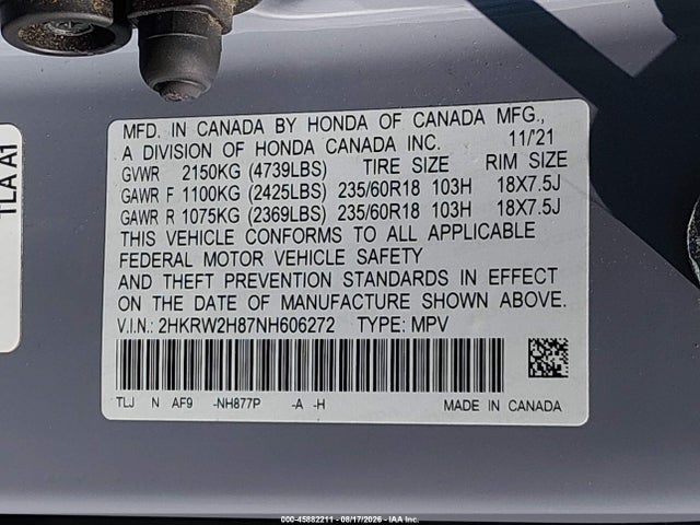 Продаж на аукціоні авто 2022 Honda Cr-v Awd Ex-l, vin: 2HKRW2H87NH606272, номер лоту: 45882211