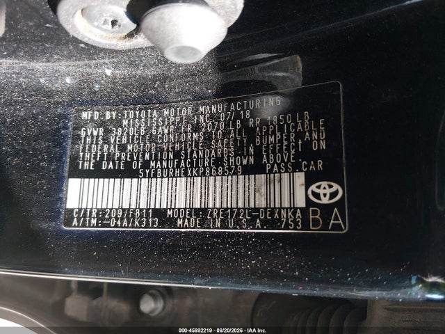 Aukcja sprzedaży 2019 Toyota Corolla Le, vin: 5YFBURHEXKP868579, numer aukcji: 45882219