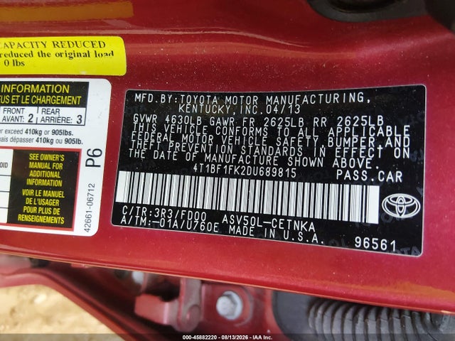 2013 Toyota Camry Le მანქანა იყიდება აუქციონზე, vin: 4T1BF1FK2DU689815, აუქციონის ნომერი: 45882220