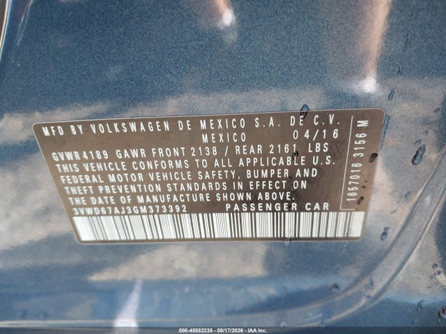 Aukcja sprzedaży 2016 Volkswagen Jetta 1.4t Se, vin: 3VWD67AJ3GM373392, numer aukcji: 45882238