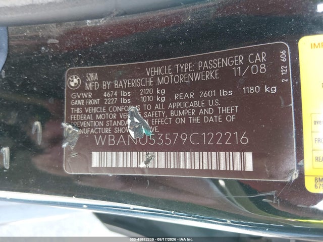 45882239 :رقم المزاد ، WBANU53579C122216 vin ، 2009 Bmw 528i مزاد بيع
