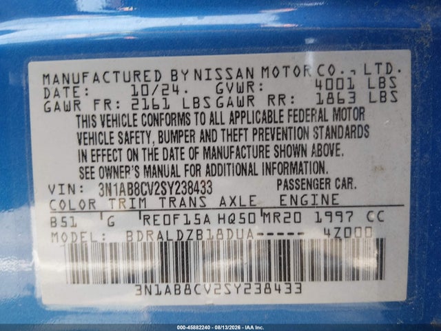 2025 Nissan Sentra Sv მანქანა იყიდება აუქციონზე, vin: 3N1AB8CV2SY238433, აუქციონის ნომერი: 45882240