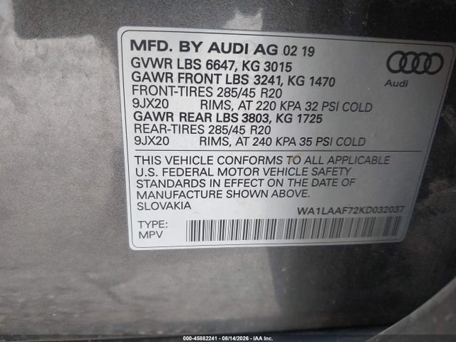 45882241 :رقم المزاد ، WA1LAAF72KD032037 vin ، 2019 Audi Q7 55 Premium مزاد بيع