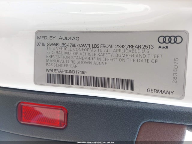 2018 Audi A4 2.0t Premium მანქანა იყიდება აუქციონზე, vin: WAUENAF40JN017499, აუქციონის ნომერი: 45882246
