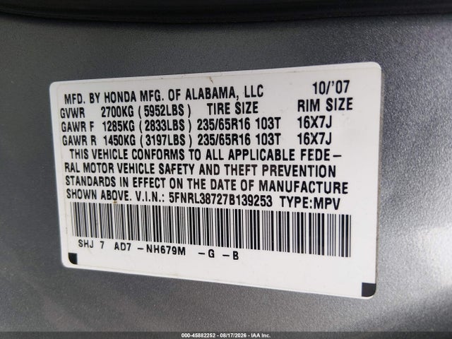Aukcja sprzedaży 2007 Honda Odyssey Ex-l, vin: 5FNRL38727B139253, numer aukcji: 45882252