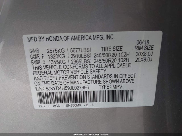 2018 Acura Mdx Technology Package   Acurawatch Plus Pkg მანქანა იყიდება აუქციონზე, vin: 5J8YD4H59JL027696, აუქციონის ნომერი: 45882253