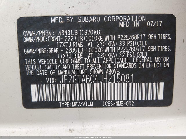 45882255 :رقم المزاد ، JF2GTABC4JH215081 vin ، 2018 Subaru Crosstrek 2.0i Premium مزاد بيع