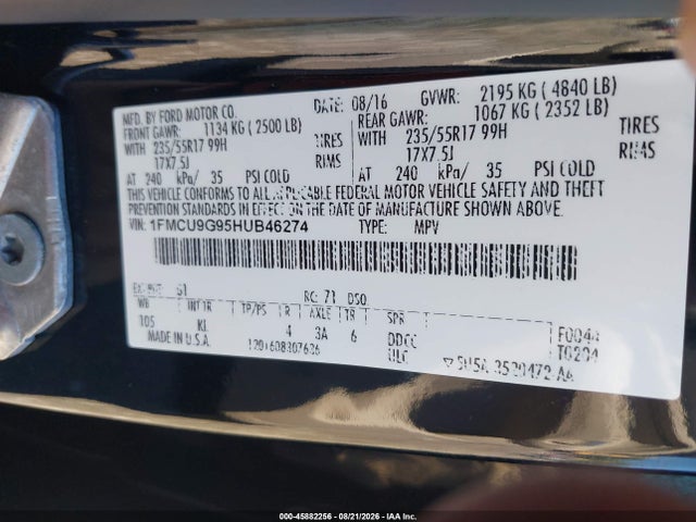 Продаж на аукціоні авто 2017 Ford Escape Se, vin: 1FMCU9G95HUB46274, номер лоту: 45882256