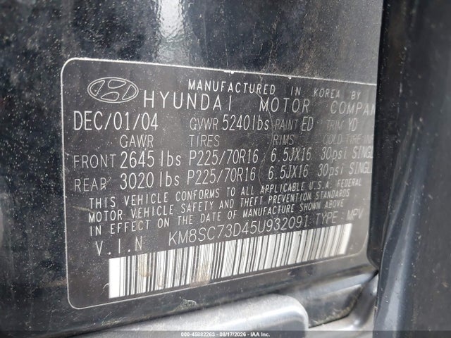 Aukcja sprzedaży 2005 Hyundai Santa Fe Gls, vin: KM8SC73D45U932091, numer aukcji: 45882263