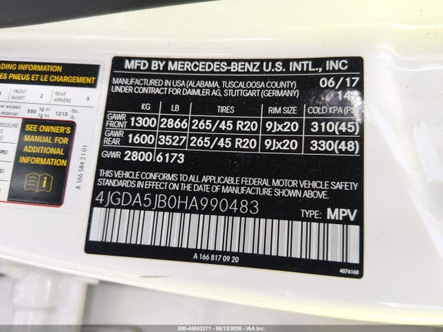Aukcja sprzedaży 2017 Mercedes-benz Gle 350, vin: 4JGDA5JB0HA990483, numer aukcji: 45882271