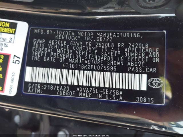 45882273 :رقم المزاد ، 4T1G11BKXPU075996 vin ، 2023 Toyota Camry Se Awd مزاد بيع