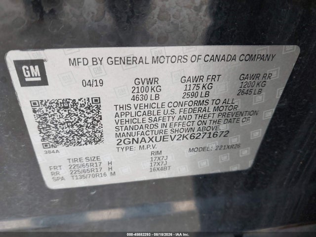 45882293 :رقم المزاد ، 2GNAXUEV2K6271672 vin ، 2019 Chevrolet Equinox Lt مزاد بيع