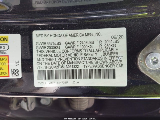 Продаж на аукціоні авто 2020 Honda Accord Sport 2.0t, vin: 1HGCV2F35LA031322, номер лоту: 45882295