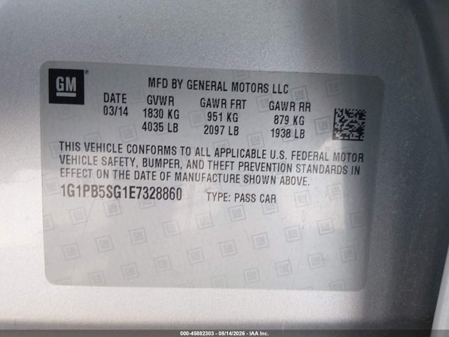 45882303 :رقم المزاد ، 1G1PB5SG1E7328860 vin ، 2014 Chevrolet Cruze Ls Manual مزاد بيع