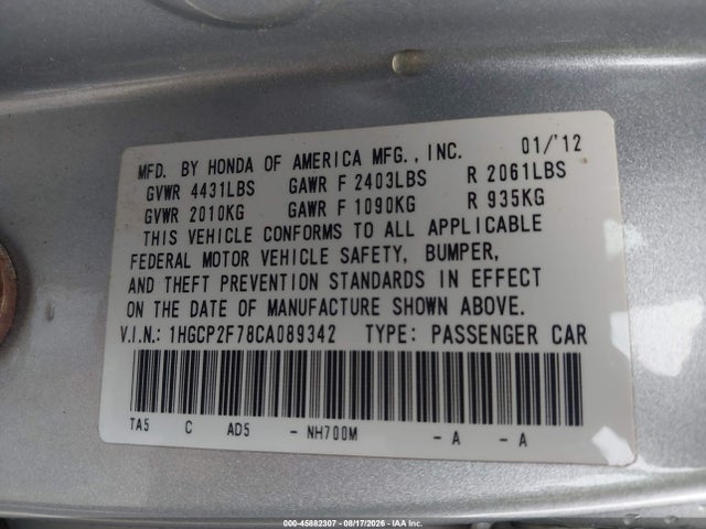 Продаж на аукціоні авто 2012 Honda Accord 2.4 Ex, vin: 1HGCP2F78CA089342, номер лоту: 45882307