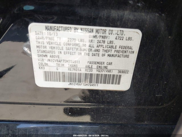2013 Infiniti G37 Journey/sport მანქანა იყიდება აუქციონზე, vin: JN1CV6AP7DM724511, აუქციონის ნომერი: 45882328