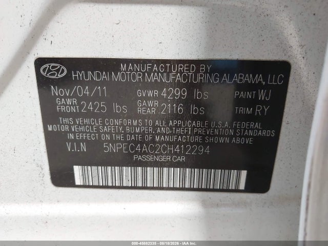 2012 Hyundai Sonata Se მანქანა იყიდება აუქციონზე, vin: 5NPEC4AC2CH412294, აუქციონის ნომერი: 45882335