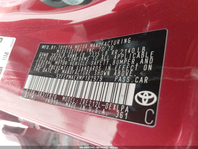 2021 Toyota Corolla Le მანქანა იყიდება აუქციონზე, vin: 5YFEPMAE8MP182979, აუქციონის ნომერი: 45882342
