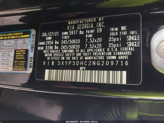 Продажа на аукционе авто 2022 Kia Telluride Sx, vin: 5XYP5DHC2NG209716, номер лота: 45882347