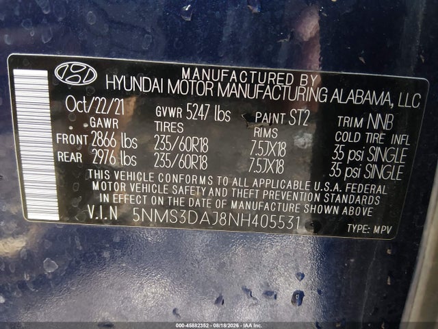 Aukcja sprzedaży 2022 Hyundai Santa Fe Sel, vin: 5NMS3DAJ8NH405531, numer aukcji: 45882352