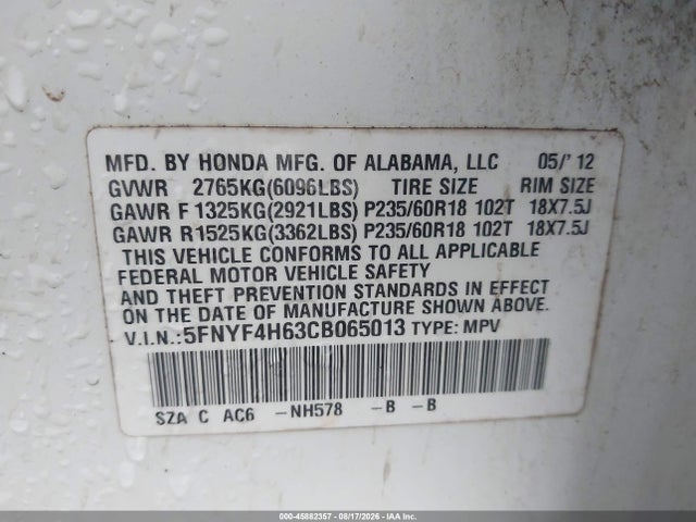 2012 Honda Pilot Ex-l მანქანა იყიდება აუქციონზე, vin: 5FNYF4H63CB065013, აუქციონის ნომერი: 45882357