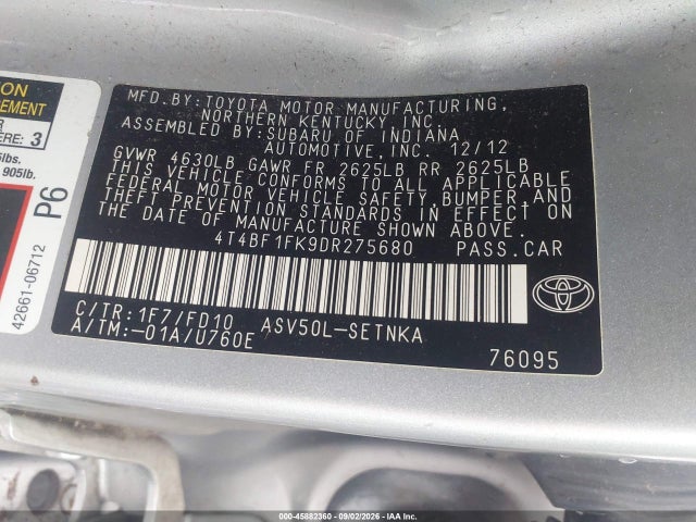 45882360 :رقم المزاد ، 4T4BF1FK9DR275680 vin ، 2013 Toyota Camry Le مزاد بيع